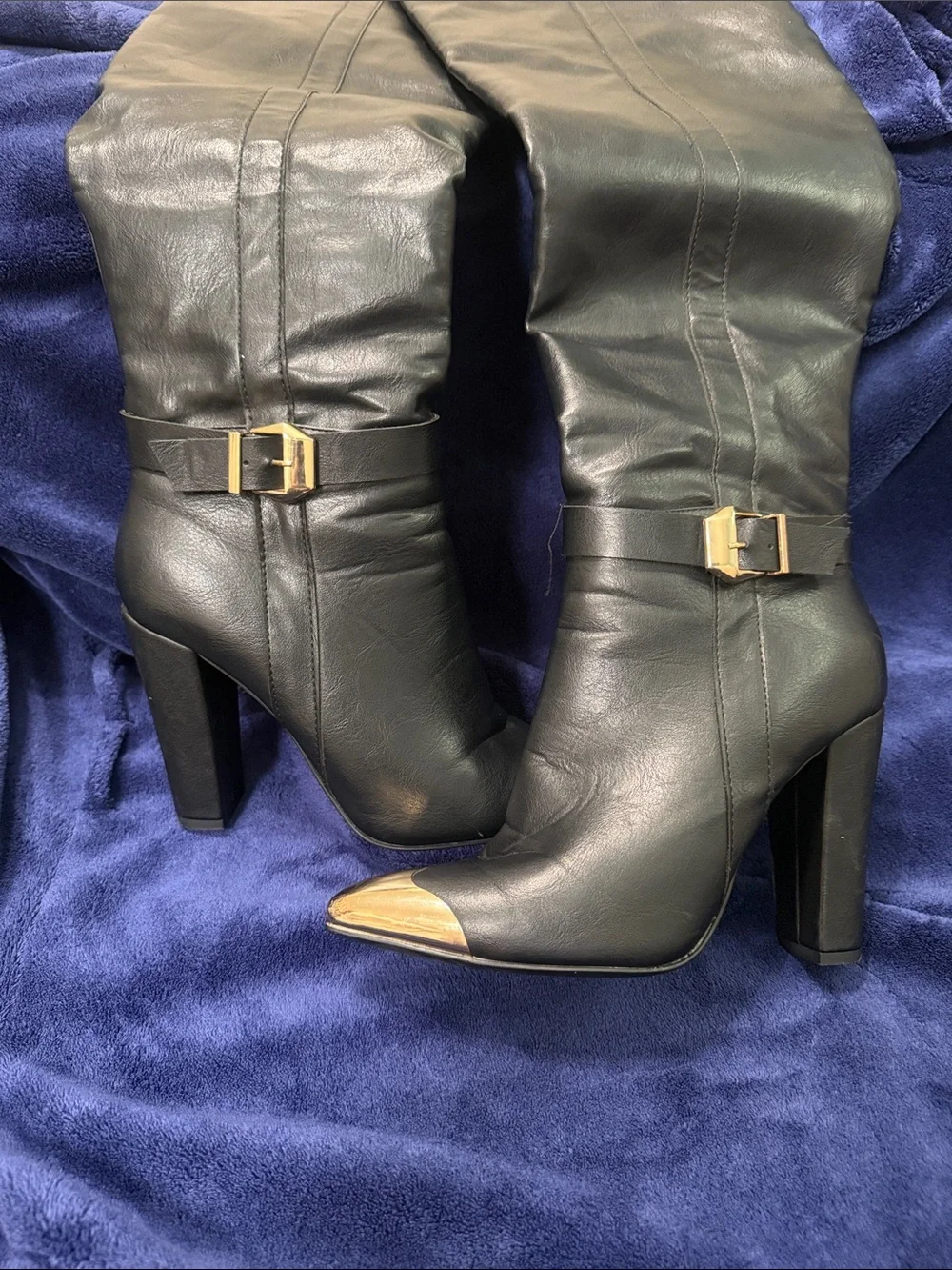 Black Leather High Heel over the knee Boots with Gold Accents